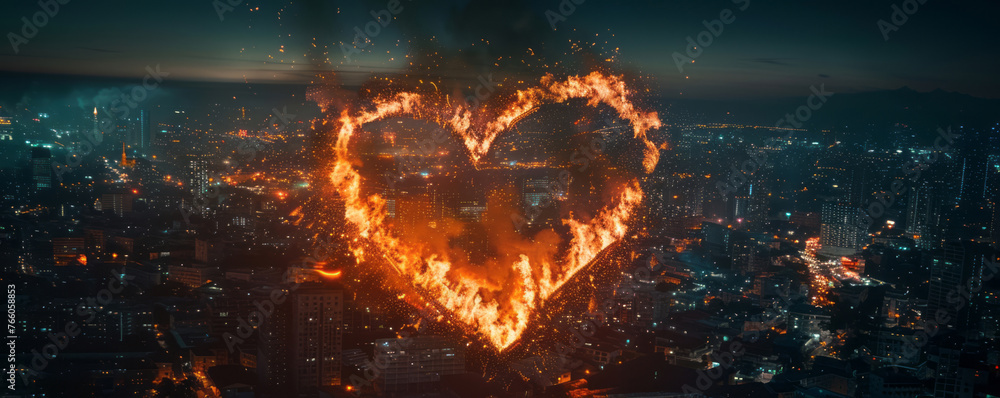 A heart-shaped fire background in the city, in a hyper-realistic sci-fi, aerial photography, and nightscapes style. - obrazy, fototapety, plakaty 