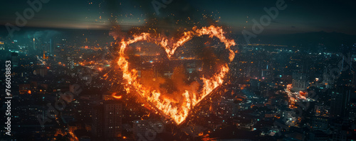 A heart-shaped fire background in the city, in a hyper-realistic sci-fi, aerial photography, and nightscapes style. photo