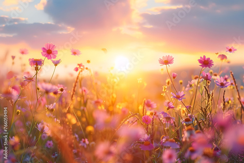 Beautiful meadow with wild flowers over sunset sky  nature field background with sun flare. Perfect for nature and outdoor-related content.