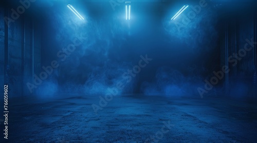 A dark empty street, dark blue background, an empty dark scene, neon light, spotlights The asphalt floor and studio room with smoke float up the interior texture. © chanidapa