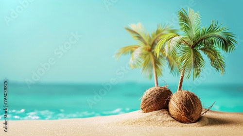 Coconut trees with beach sand on blue background. summer concept.