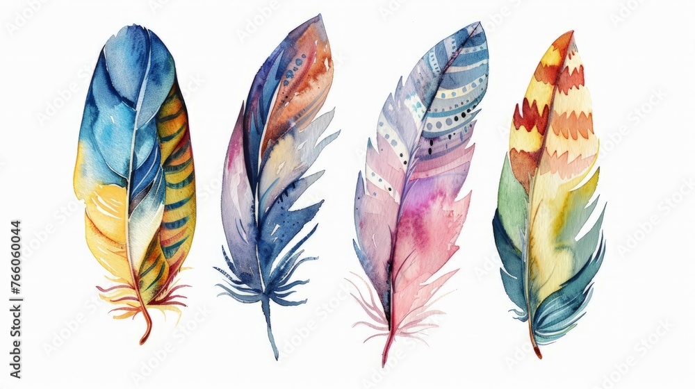 Hand drawn watercolor vibrant feather set. Boho style. illustration isolated on white. Bird fly design for T-shirt, invitation, Hand drawn watercolor vibrant feather set. Boho style. illustration isolated on white. Bird fly design for T-shirt, invitation,