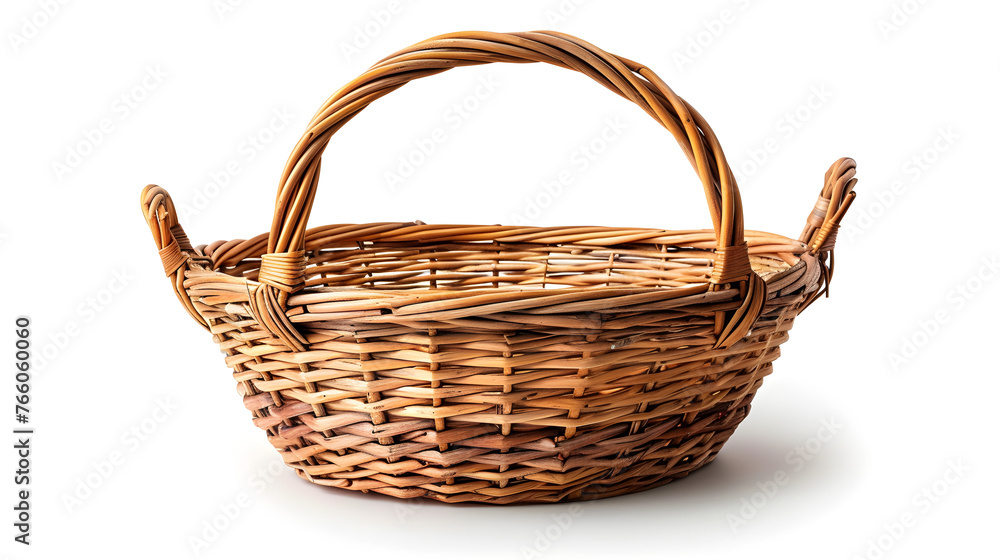 An empty wicker basket with handles isolated on white, suitable for storage and organization, or for use in picnics.