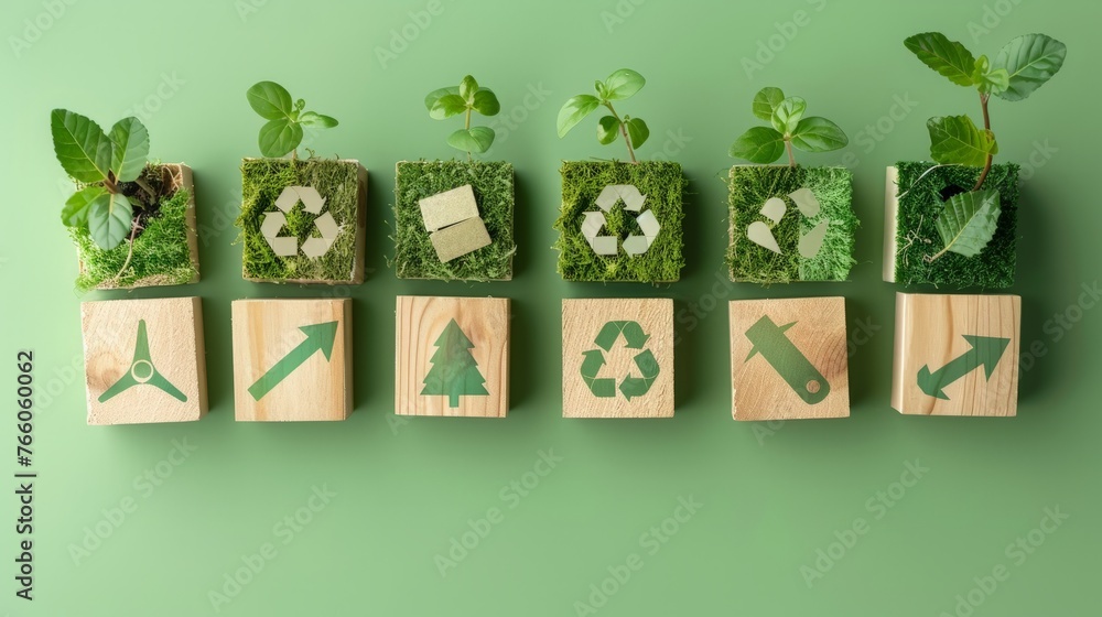 © Matcha_09 - icons related to reduce, reuse, recycle on green background blocks The concept of reduce, reuse, reuse symbols, © Matcha_09 - icons related to reduce, reuse, recycle on green background blocks The concept of reduce, reuse, reuse symbols,