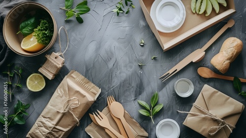 The concept of zero waste and recycling. Use of eco-friendly paper tableware and packaging made from biodegradable materials.