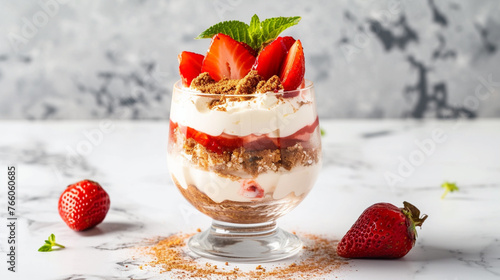 Italian strawberry tiramisu dessert with mascarpone and whipped cream. Generative Ai photo