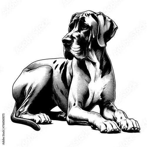 Full-length Great Dane dog laying down. Hand Drawn Pen and Ink. Vector Isolated in White. Engraving vintage style illustration for print, tattoo, t-shirt