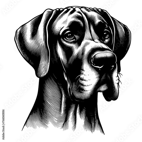 Full-length Great Dane dog portrait. Hand Drawn Pen and Ink. Vector Isolated in White. Engraving vintage style illustration for print, tattoo, t-shirt