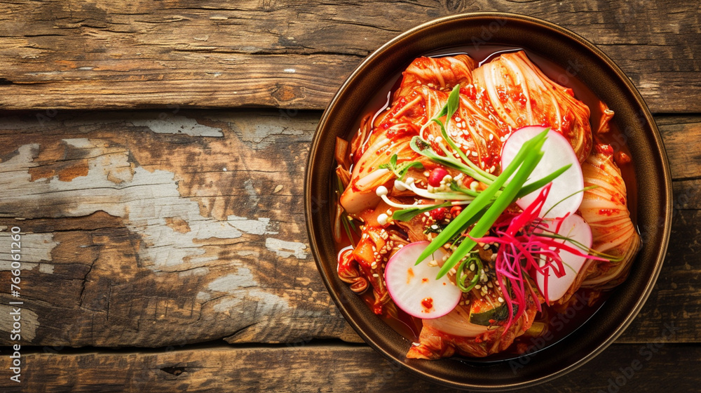 Kimchi cabbage, radish and cucumber on wooden background. Generative Ai Kimchi cabbage, radish and cucumber on wooden background. Generative Ai
