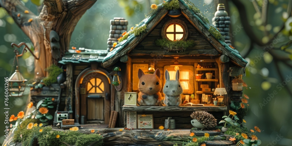 A cute, miniature 3D scene showing a group of friendly, woodland creatures (squirrels, rabbits, and hedgehogs) diligently working together in a whimsical, tree-housed office