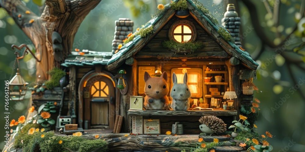 A cute, miniature 3D scene showing a group of friendly, woodland creatures (squirrels, rabbits, and hedgehogs) diligently working together in a whimsical, tree-housed office A cute, miniature 3D scene showing a group of friendly, woodland creatures (squirrels, rabbits, and hedgehogs) diligently working together in a whimsical, tree-housed office