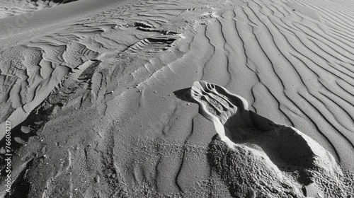 A solitary footprint imprinted in the isolated sand.