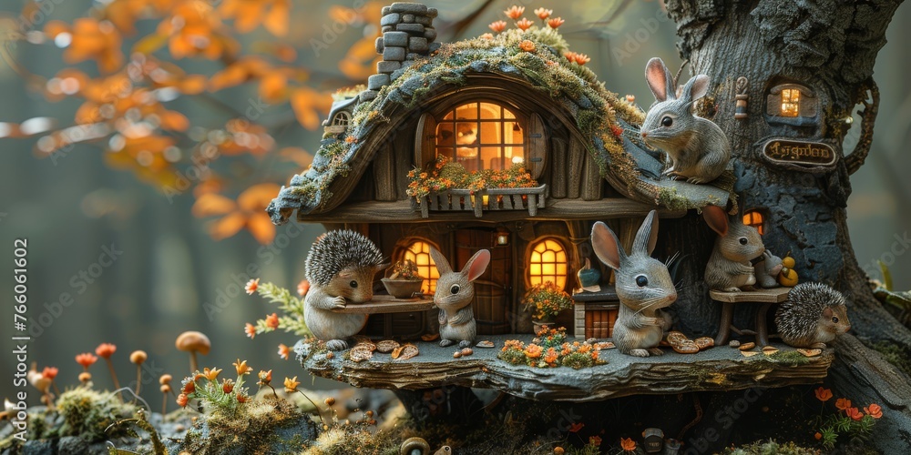 Obraz premium A cute, miniature 3D scene showing a group of friendly, woodland creatures (squirrels, rabbits, and hedgehogs) diligently working together in a whimsical, tree-housed office