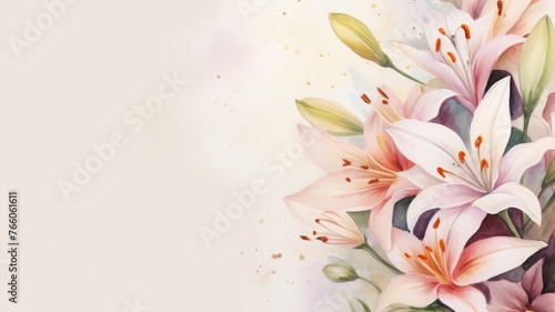 Watercolor composition of white lilies  on light pinkish background . Romantic style.  A lot of copy space, Valentine's Day, Easter, Birthday, Happy Women's Day, Mother's Day card.