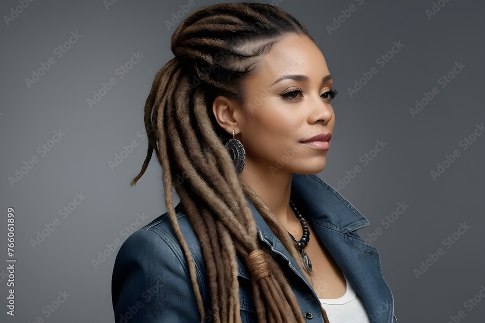 side view of black woman with dreadlocks wearing jean jacket white shirt earrings necklace side view of black woman with dreadlocks wearing jean jacket white shirt earrings necklace