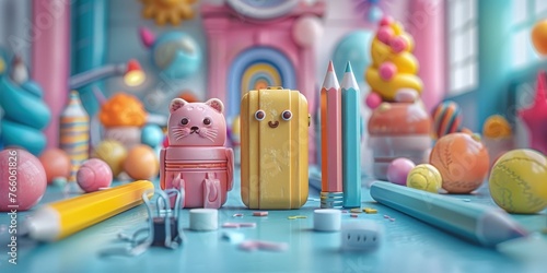 A whimsical 3D scene featuring a team of adorable, anthropomorphic office supplies (pencils, erasers, and paperclips) collaborating on a miniature, pastel-colored desktop