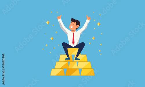 Successful businessman Jumps upstairs gold bars, Illustrating achievement and growth in business concept. Vector illustration.