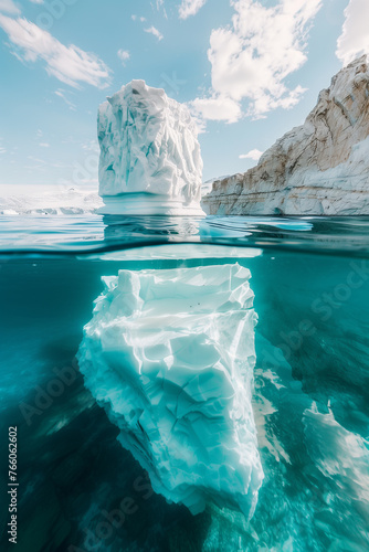 Above and below: split view of white iceberg floating in clear blue sea © pijav4uk