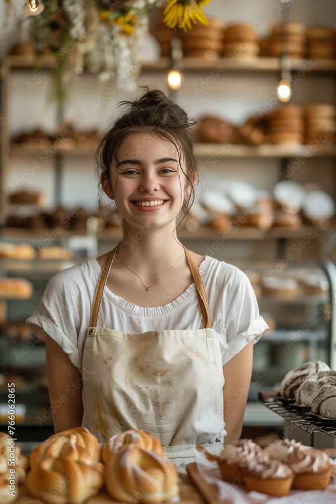 Happy young woman, small business owner, smiling in bakery shop