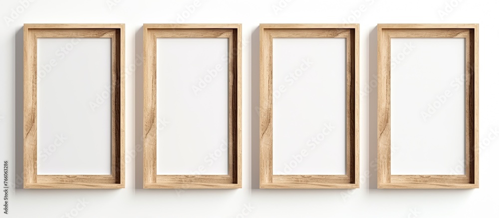 Obraz premium Four picture frames, made of wood and metal, are arranged in a row on a white wall. Each frame is a rectangle with glass, showcasing unique art pieces