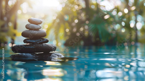Tropical zen stones in water, spa wellness retreat, serene nature setting with sunlight flare for relaxation and meditation