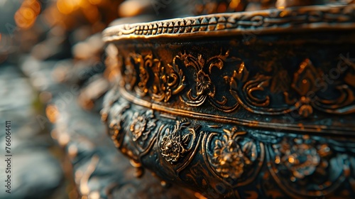 Macro shot of an ornate silver reliquary photo