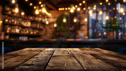 wooden table with a blurred cafe background