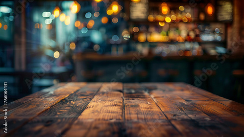 wooden table with a blurred cafe background photo