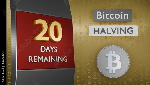 Reminder of Bitcoin Halving. 20 days remaining for the event concept. binary numbers background. 3d Render animation.4k