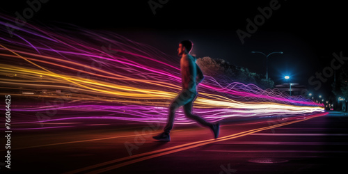People running hyperlapse with light trails 