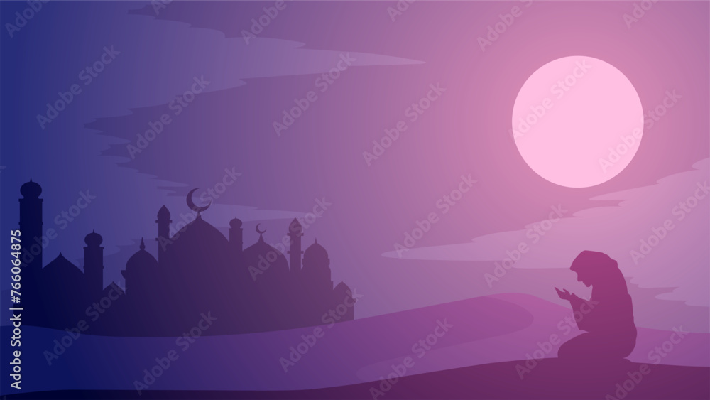 Ramadan landscape vector illustration. Mosque silhouette at night with praying muslim in the desert. Mosque landscape for illustration, background or ramadan. Eid mubarak landscape for ramadan event