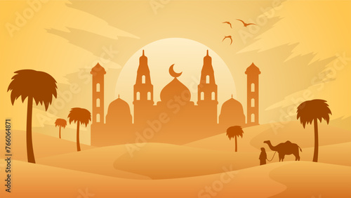 Ramadan landscape vector illustration. Mosque silhouette in the desert with camel and a muslim. Mosque landscape for illustration, background or ramadan. Eid mubarak landscape for ramadan event