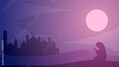 Ramadan landscape vector illustration. Mosque silhouette at night with praying muslim in the desert. Mosque landscape for illustration  background or ramadan. Eid mubarak landscape for ramadan event