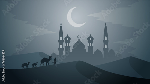 Ramadan landscape vector illustration. Mosque in the desert with camel and a muslim at night. Mosque landscape for illustration, background or ramadan. Eid mubarak landscape for ramadan event