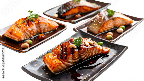Teriyaki glazed grilled salmon collection on plates isolated on white background
