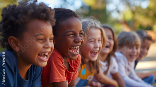 A group of diverse children laughing together outdoors, sharing a joyful moment. 