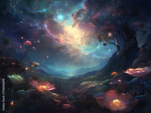 magical night backdrop with flowers and beautiful sky. scene for poster, web, social media, banner. generative ai © Firly