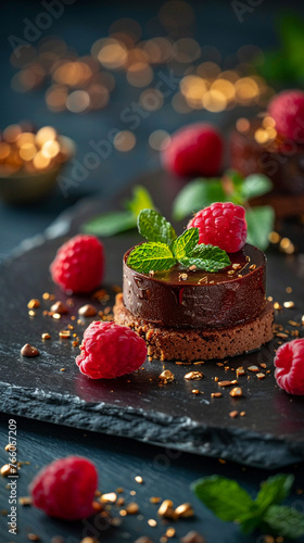 Extravagant Chocolate Dessert, gold leaf garnish, decadent and intricate, served on a black slate, adorned with raspberries and mint leaves Photography, golden hour lighting, vignette effect