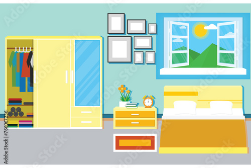 Interior Bedroom Design With Furniture For Decorate. Vector And Illustration