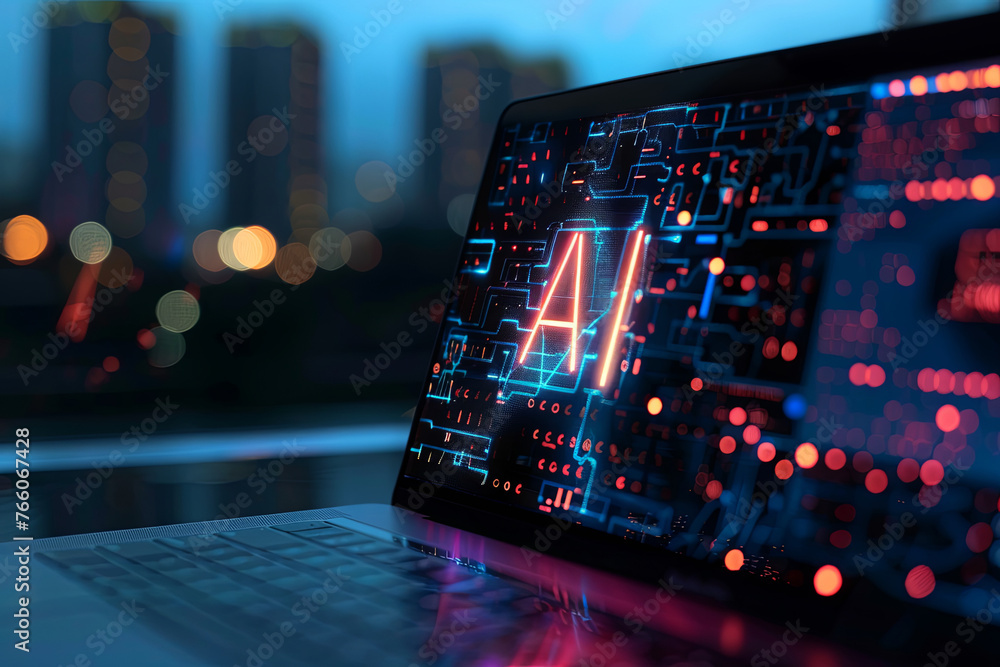 A computer designed for AI, with AI text on the screen A computer designed for AI, with AI text on the screen