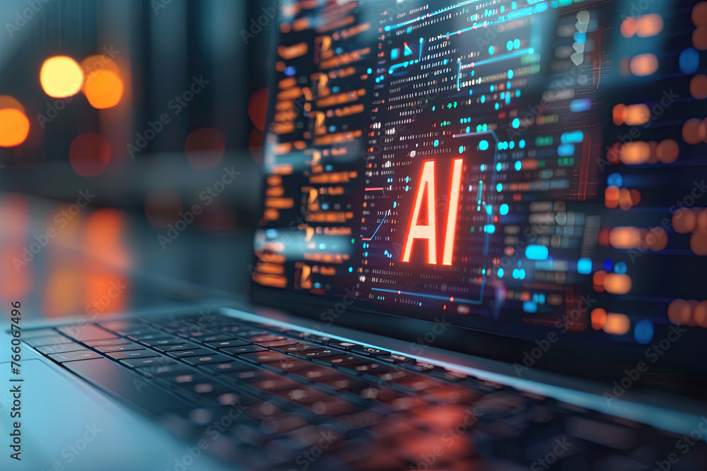 A computer designed for AI, with AI text on the screen A computer designed for AI, with AI text on the screen