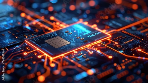 Close-up of an advanced circuit board with a SIM card slot and glowing orange and blue elements, depicting high-tech electronics.