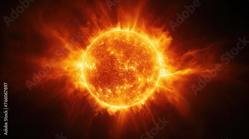 Bright orange and red sun solar flare particles corona mass ejections background on dark black. Sunray  sunlight  sunburst.