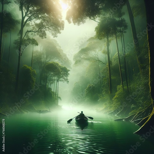 Boat in a misty tropical forest. 