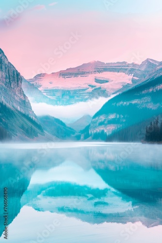 Pastel Mountain Reflections at Dawn. Landscape Illustration. Generative AI. 