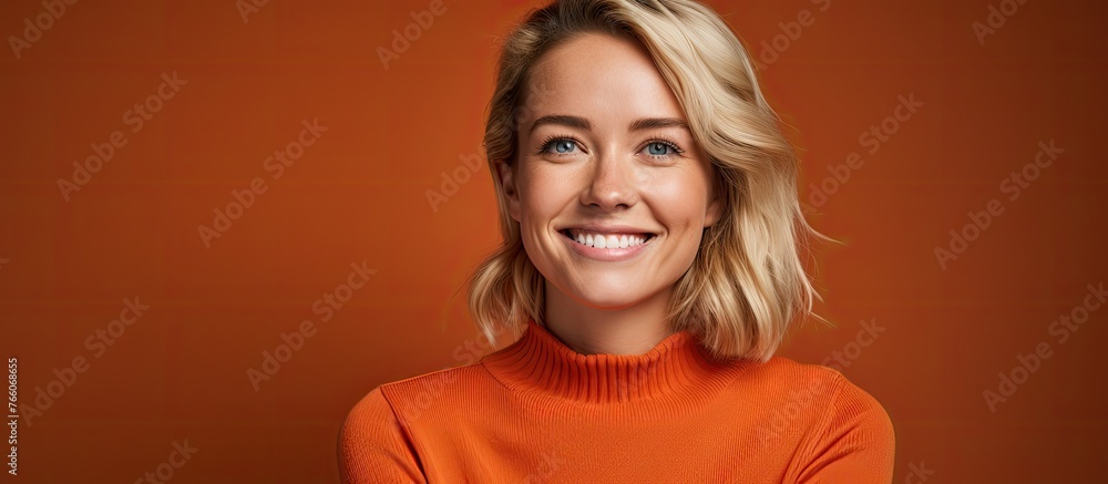 A woman with a bright orange sweater is smiling at the camera, showcasing her radiant smile and glowing eyelashes. Her gesture exudes happiness and artistic expression A woman with a bright orange sweater is smiling at the camera, showcasing her radiant smile and glowing eyelashes. Her gesture exudes happiness and artistic expression