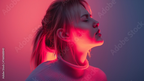 People with headaches show symptoms of depression and stress. Half-body portrait of a person suffering from a headache.	
 photo