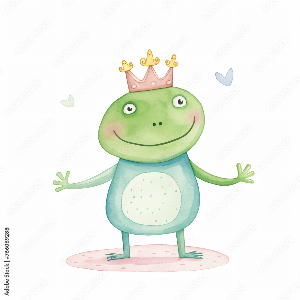 Fototapeta premium A watercolor frog prince with a tiny crown fairy tale charm against a white background