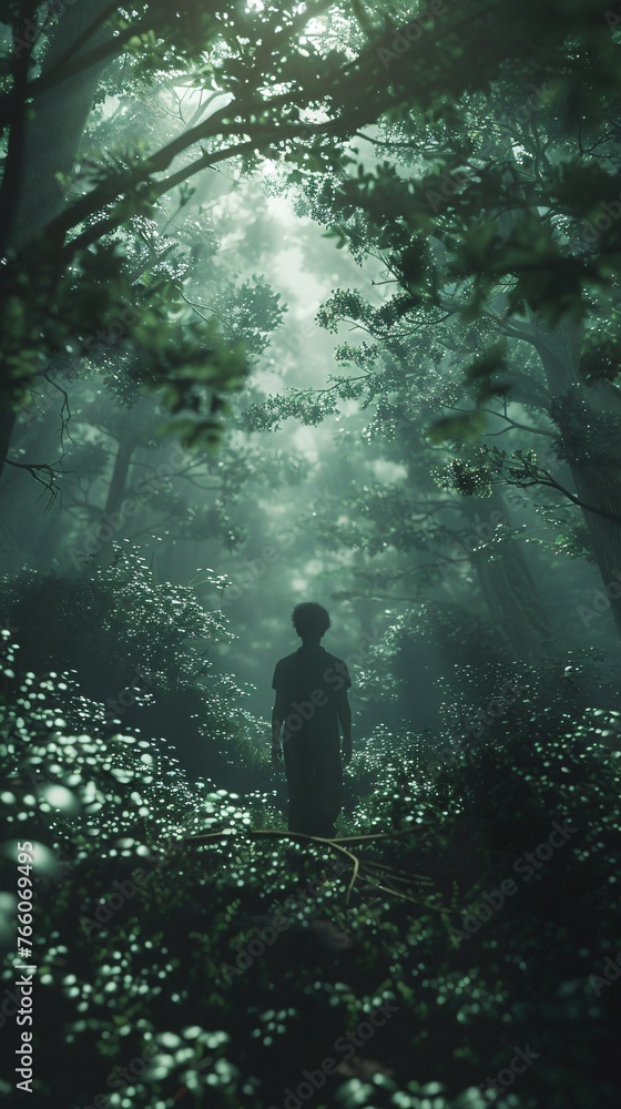 Alone a man faces the divergence of two paths in a dense forest his decision veiled in mystery and anticipation