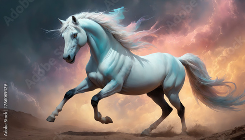 Fantasy Illustration of a wild Horse. Digital art style wallpaper background. © Roman
